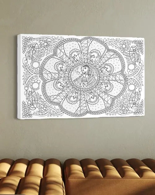 Colourful Madhubani Krishna Leela Pre-Drawn Canvas Painting for Coloring | 12 Free Colors & Brush Included