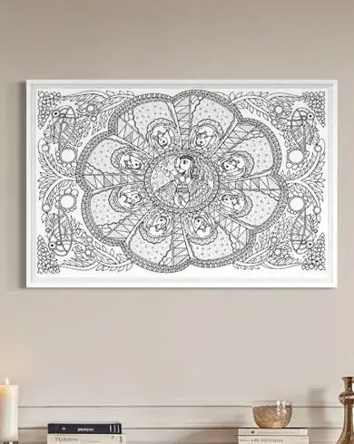 Colourful Madhubani Krishna Leela Pre-Drawn Canvas Painting for Coloring | 12 Free Colors & Brush Included