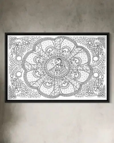 Colourful Madhubani Krishna Leela Pre-Drawn Canvas Painting for Coloring | 12 Free Colors & Brush Included
