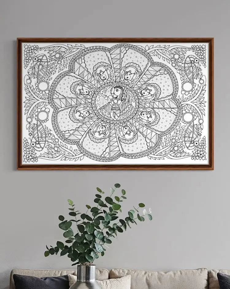 Colourful Madhubani Krishna Leela Pre-Drawn Canvas Painting for Coloring | 12 Free Colors & Brush Included