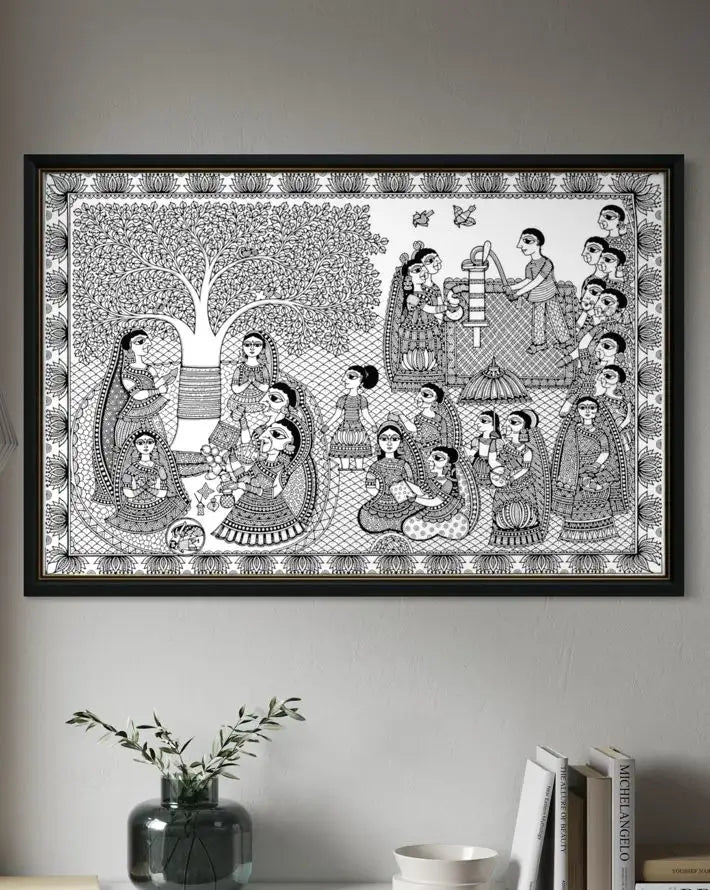 Barsait Festival Celebration Madhubani Pre-Drawn Canvas Painting for Coloring | 12 Free Colors & Brush Included
