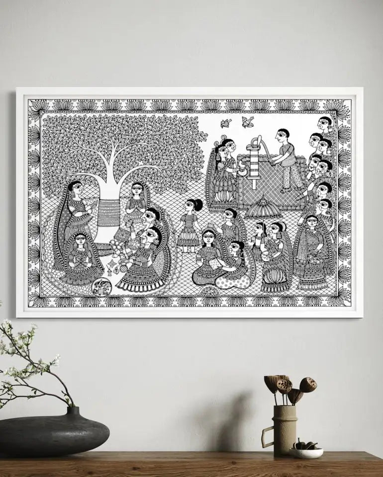 Barsait Festival Celebration Madhubani Pre-Drawn Canvas Painting for Coloring | 12 Free Colors & Brush Included