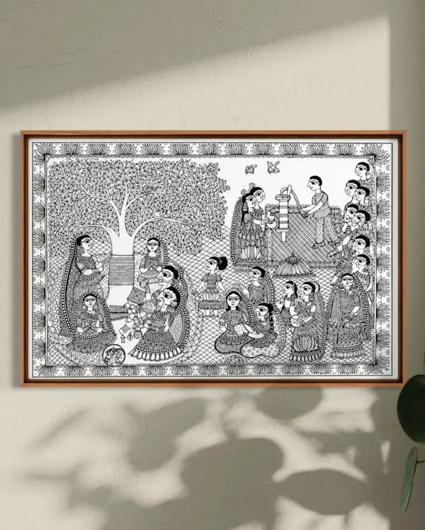 Barsait Festival Celebration Madhubani Pre-Drawn Canvas Painting for Coloring | 12 Free Colors & Brush Included