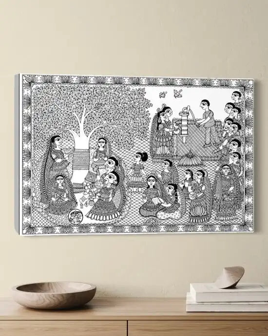 Barsait Festival Celebration Madhubani Pre-Drawn Canvas Painting for Coloring | 12 Free Colors & Brush Included