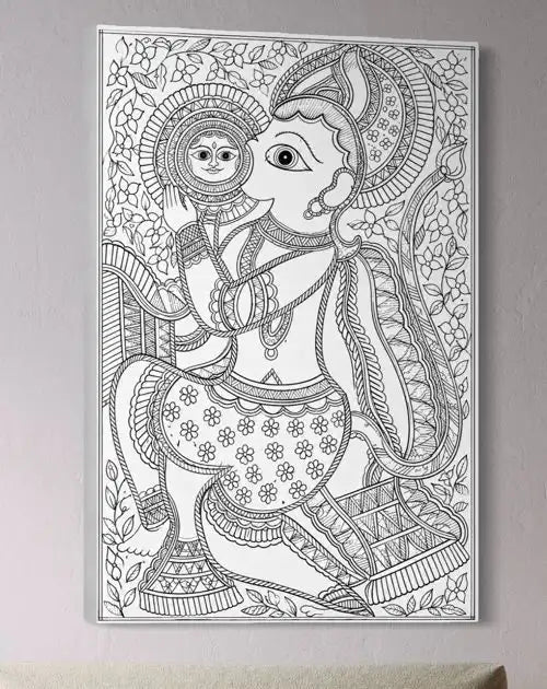 Lord Hanuman Devouring the Sun Madhubani Pre-Drawn Canvas Painting for Coloring | 12 Free Colors & Brush Included