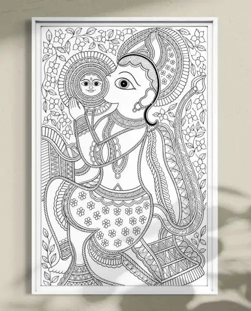 Lord Hanuman Devouring the Sun Madhubani Pre-Drawn Canvas Painting for Coloring | 12 Free Colors & Brush Included