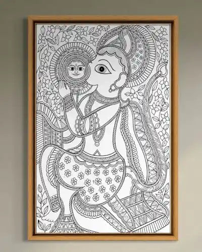 Lord Hanuman Devouring the Sun Madhubani Pre-Drawn Canvas Painting for Coloring | 12 Free Colors & Brush Included