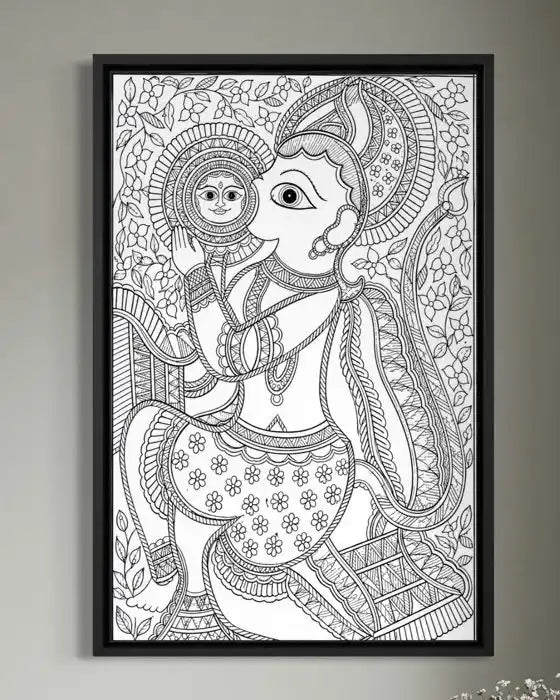 Lord Hanuman Devouring the Sun Madhubani Pre-Drawn Canvas Painting for Coloring | 12 Free Colors & Brush Included