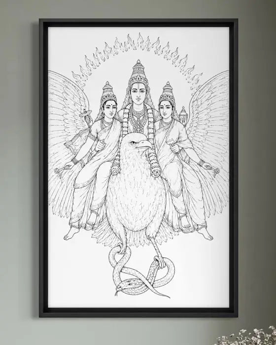 Vishnu on Garuda with His Consorts by Raja Ravi Varma Pre-Drawn Canvas Painting for Coloring | 12 Free Colors & Brush Included