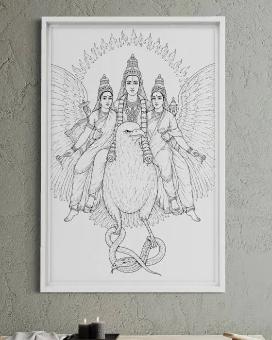 Vishnu on Garuda with His Consorts by Raja Ravi Varma Pre-Drawn Canvas Painting for Coloring | 12 Free Colors & Brush Included