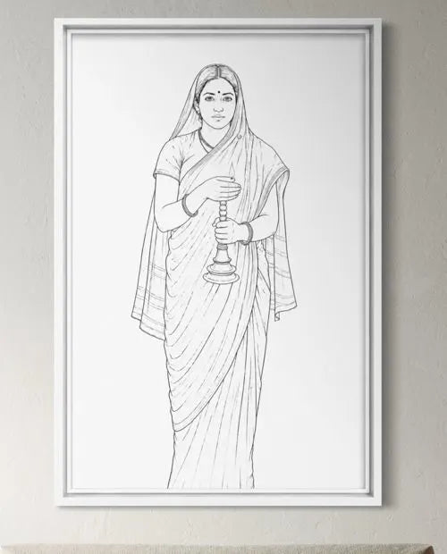 Glow of Hope | Lady with the Lamp by Raja Ravi Varma Pre-Drawn Canvas Painting for Coloring | 12 Free Colors & Brush Included