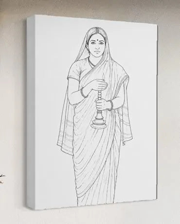 Glow of Hope | Lady with the Lamp by Raja Ravi Varma Pre-Drawn Canvas Painting for Coloring | 12 Free Colors & Brush Included