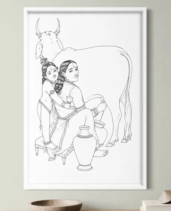 Yashoda and Krishna by Raja Ravi Varma Pre-Drawn Canvas Painting for Coloring | 12 Free Colors & Brush Included
