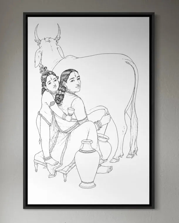 Yashoda and Krishna by Raja Ravi Varma Pre-Drawn Canvas Painting for Coloring | 12 Free Colors & Brush Included