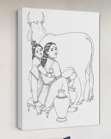 Yashoda and Krishna by Raja Ravi Varma Pre-Drawn Canvas Painting for Coloring | 12 Free Colors & Brush Included