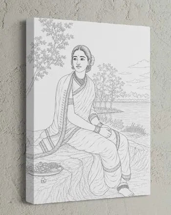 Radha in Moonlight by Raja Ravi Varma Pre-Drawn Canvas Painting for Coloring | 12 Free Colors & Brush Included