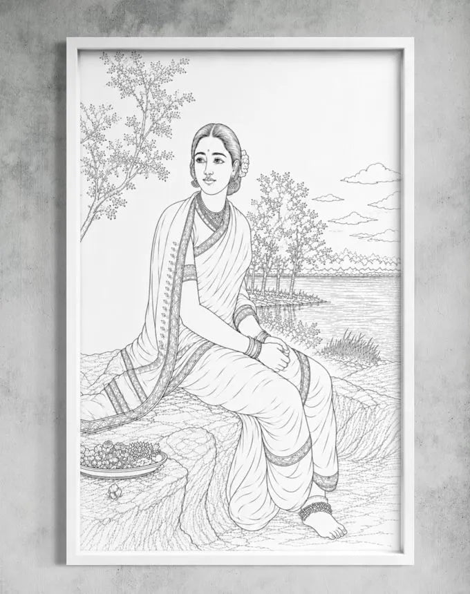 Radha in Moonlight by Raja Ravi Varma Pre-Drawn Canvas Painting for Coloring | 12 Free Colors & Brush Included