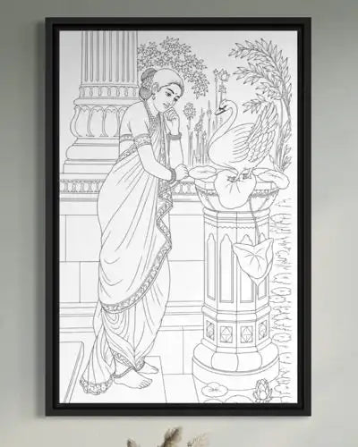 Hamsa Damayanthi by Raja Ravi Varma Pre-Drawn Canvas Painting for Coloring | 12 Free Colors & Brush Included