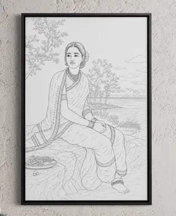 Radha in Moonlight by Raja Ravi Varma Pre-Drawn Canvas Painting for Coloring | 12 Free Colors & Brush Included