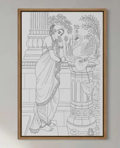 Hamsa Damayanthi by Raja Ravi Varma Pre-Drawn Canvas Painting for Coloring | 12 Free Colors & Brush Included