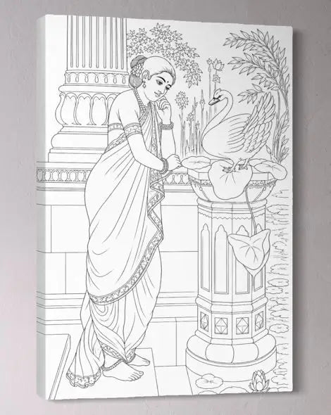 Hamsa Damayanthi by Raja Ravi Varma Pre-Drawn Canvas Painting for Coloring | 12 Free Colors & Brush Included