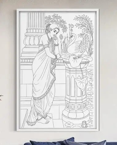 Hamsa Damayanthi by Raja Ravi Varma Pre-Drawn Canvas Painting for Coloring | 12 Free Colors & Brush Included