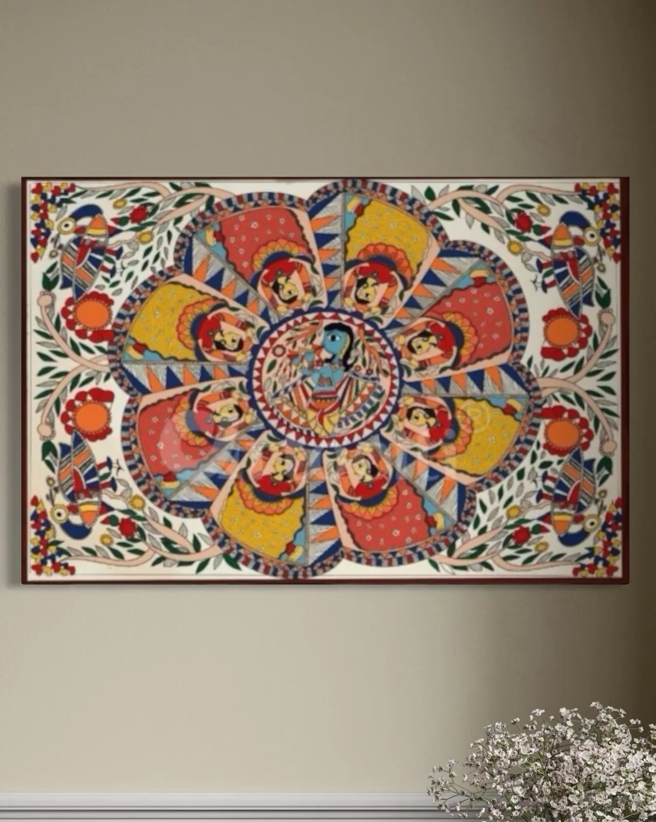 Colourful Madhubani Krishna Leela Pre-Drawn Canvas Painting for Coloring | 12 Free Colors & Brush Included