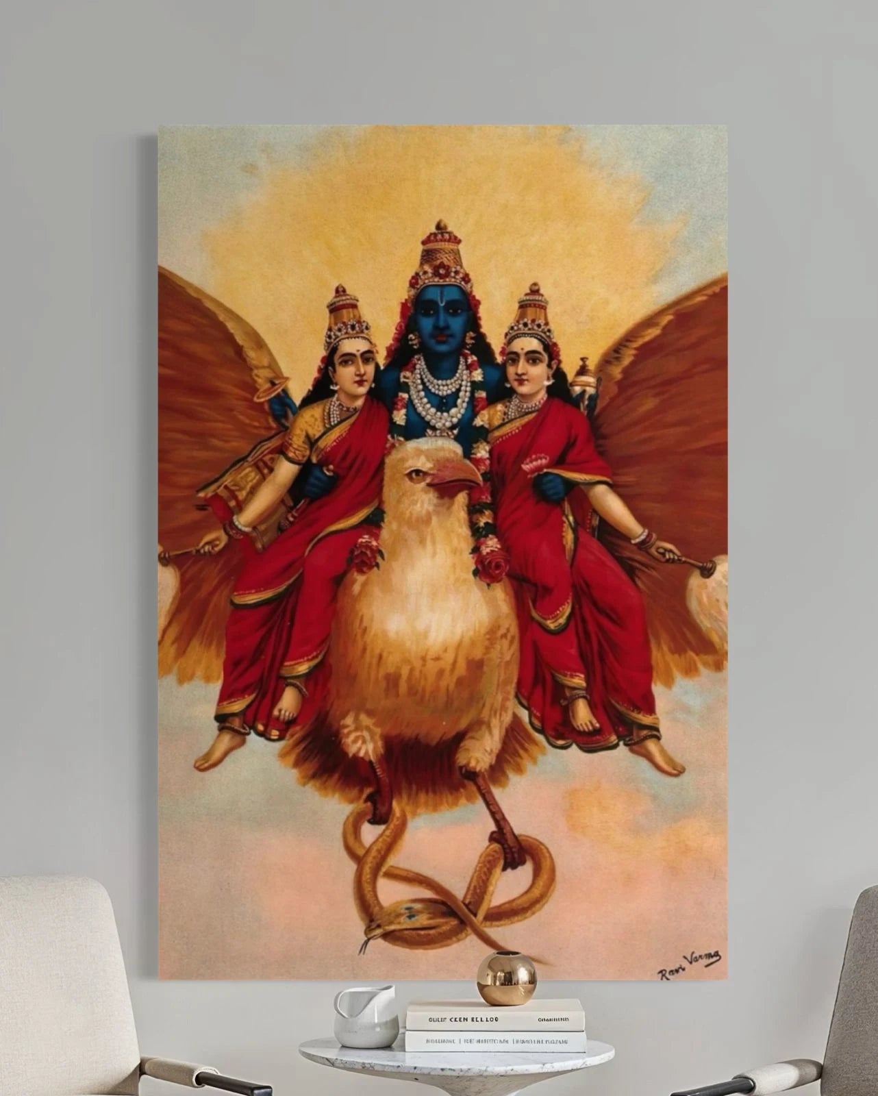 Vishnu on Garuda with His Consorts by Raja Ravi Varma Pre-Drawn Canvas Painting for Coloring | 12 Free Colors & Brush Included