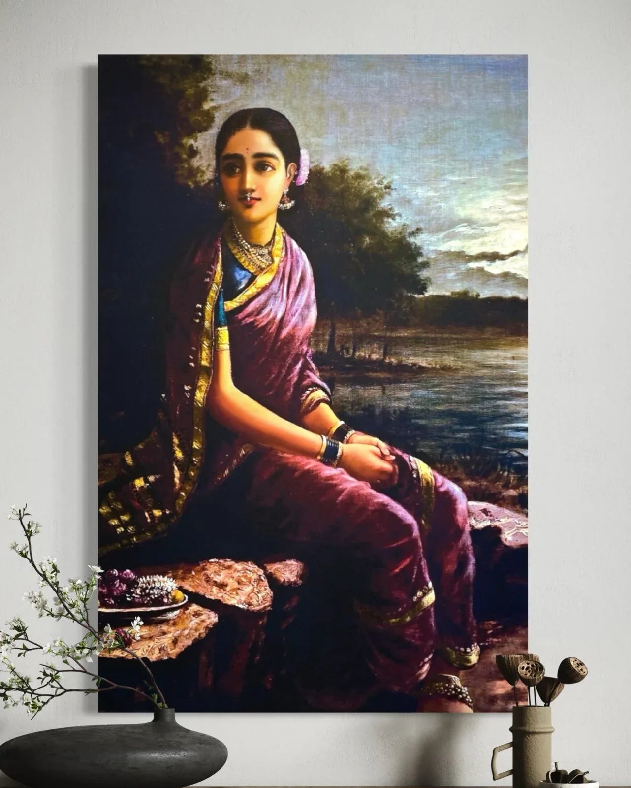 Radha in Moonlight by Raja Ravi Varma Pre-Drawn Canvas Painting for Coloring | 12 Free Colors & Brush Included