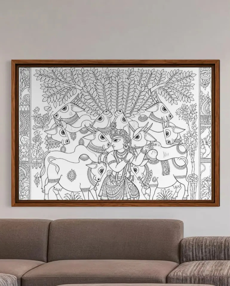Lord Krishna Surrounded By Sacred Cows Pichwai Pre-Drawn Canvas Painting for Coloring | 12 Free Colors & Brush Included