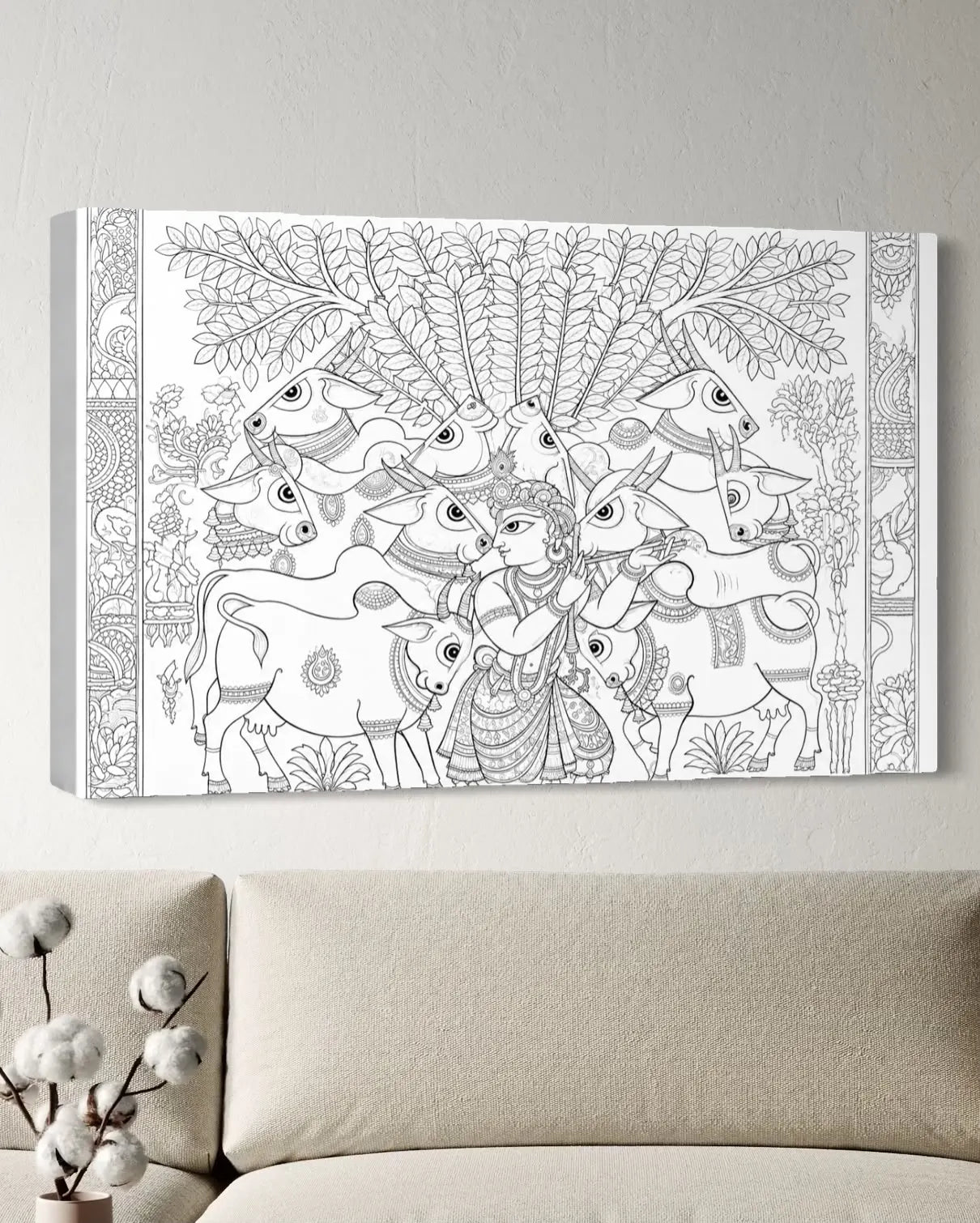 Lord Krishna Surrounded By Sacred Cows Pichwai Pre-Drawn Canvas Painting for Coloring | 12 Free Colors & Brush Included