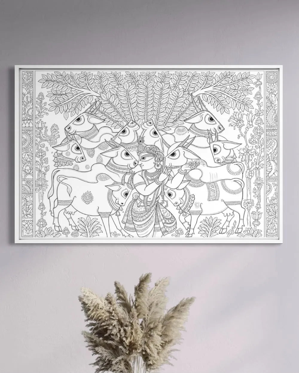 Lord Krishna Surrounded By Sacred Cows Pichwai Pre-Drawn Canvas Painting for Coloring | 12 Free Colors & Brush Included