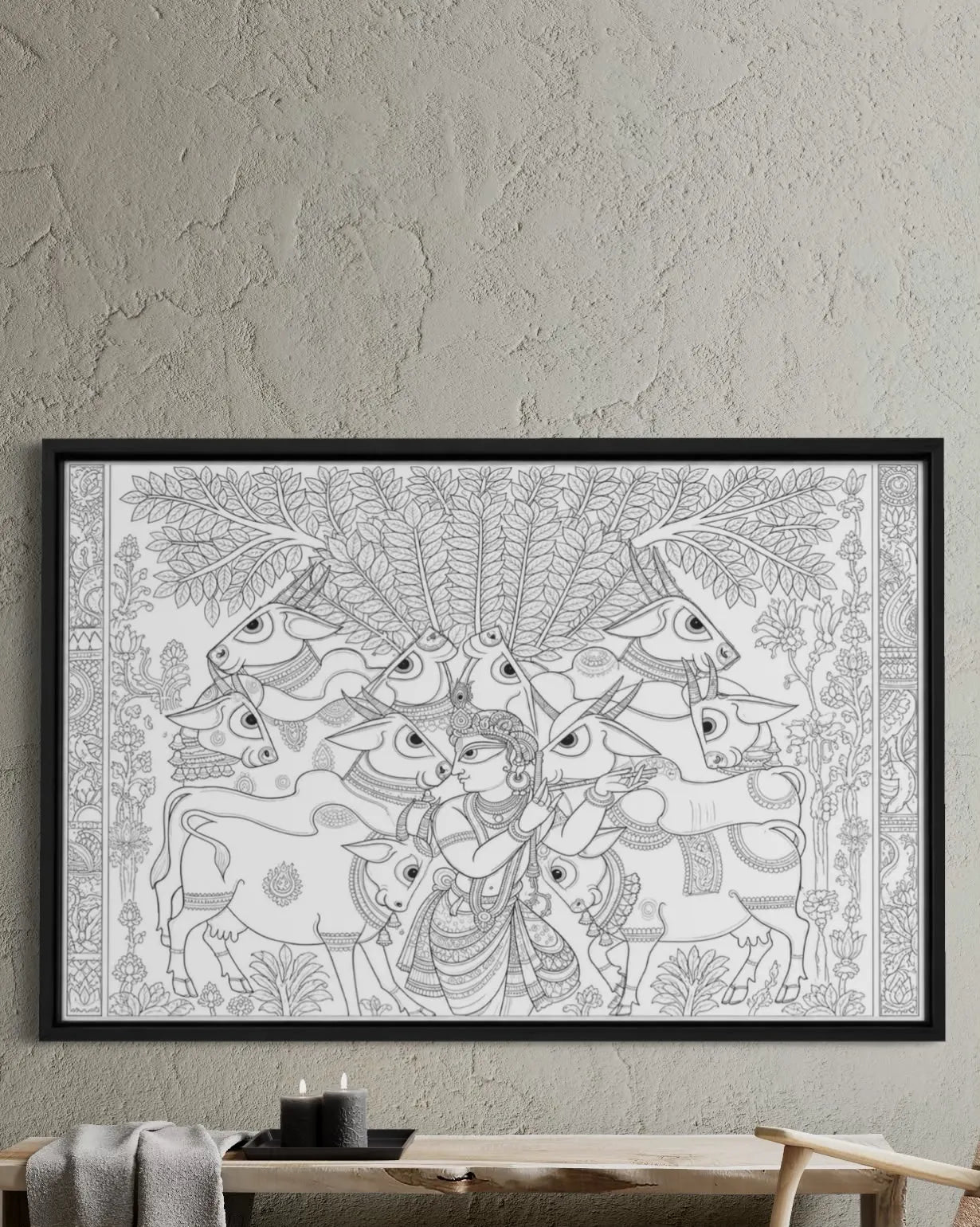 Lord Krishna Surrounded By Sacred Cows Pichwai Pre-Drawn Canvas Painting for Coloring | 12 Free Colors & Brush Included