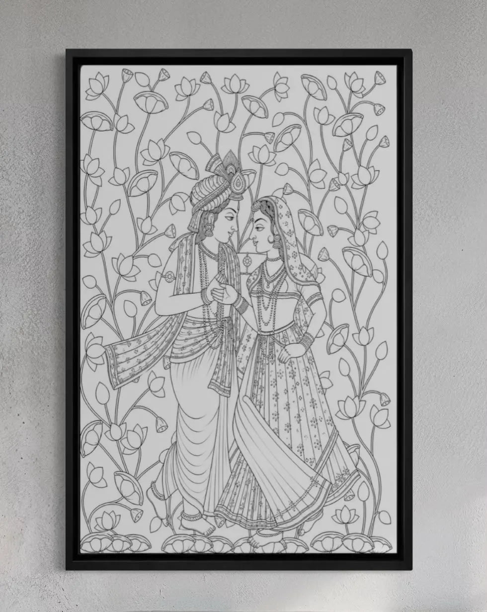 Radha Krishna Pichwai Pre-Drawn Canvas Painting for Coloring | 12 Free Colors & Brush Included
