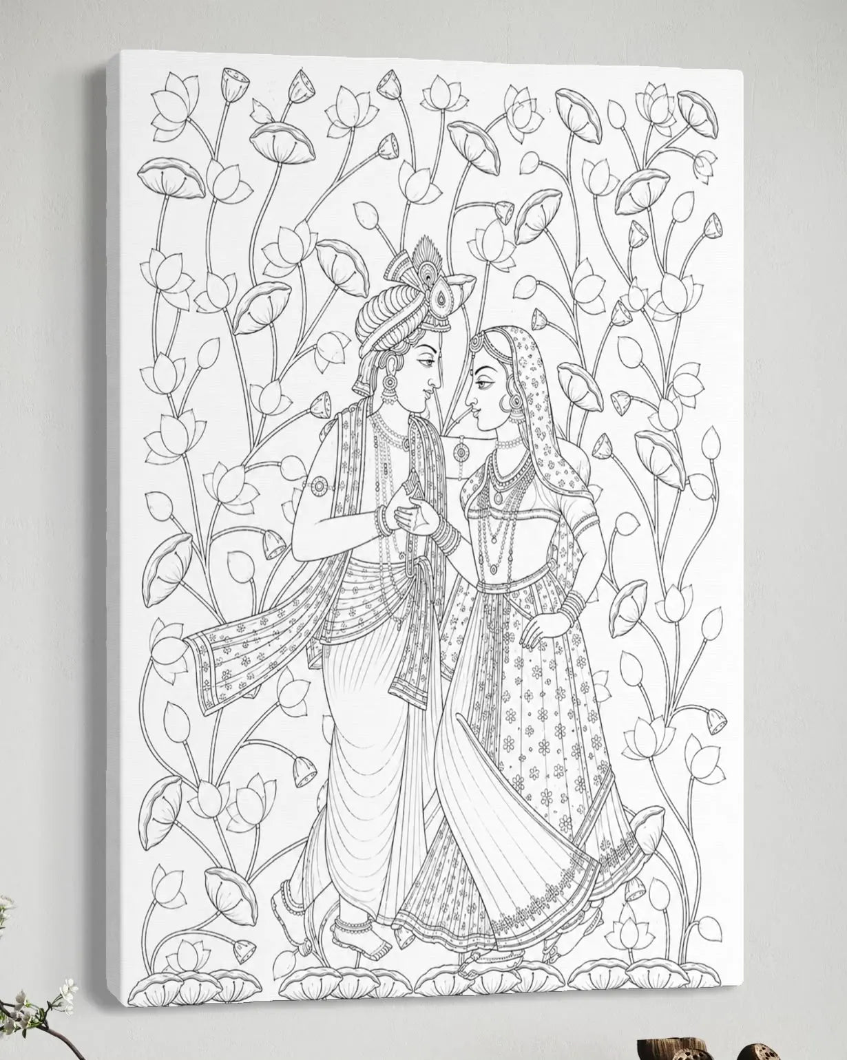 Radha Krishna Pichwai Pre-Drawn Canvas Painting for Coloring | 12 Free Colors & Brush Included
