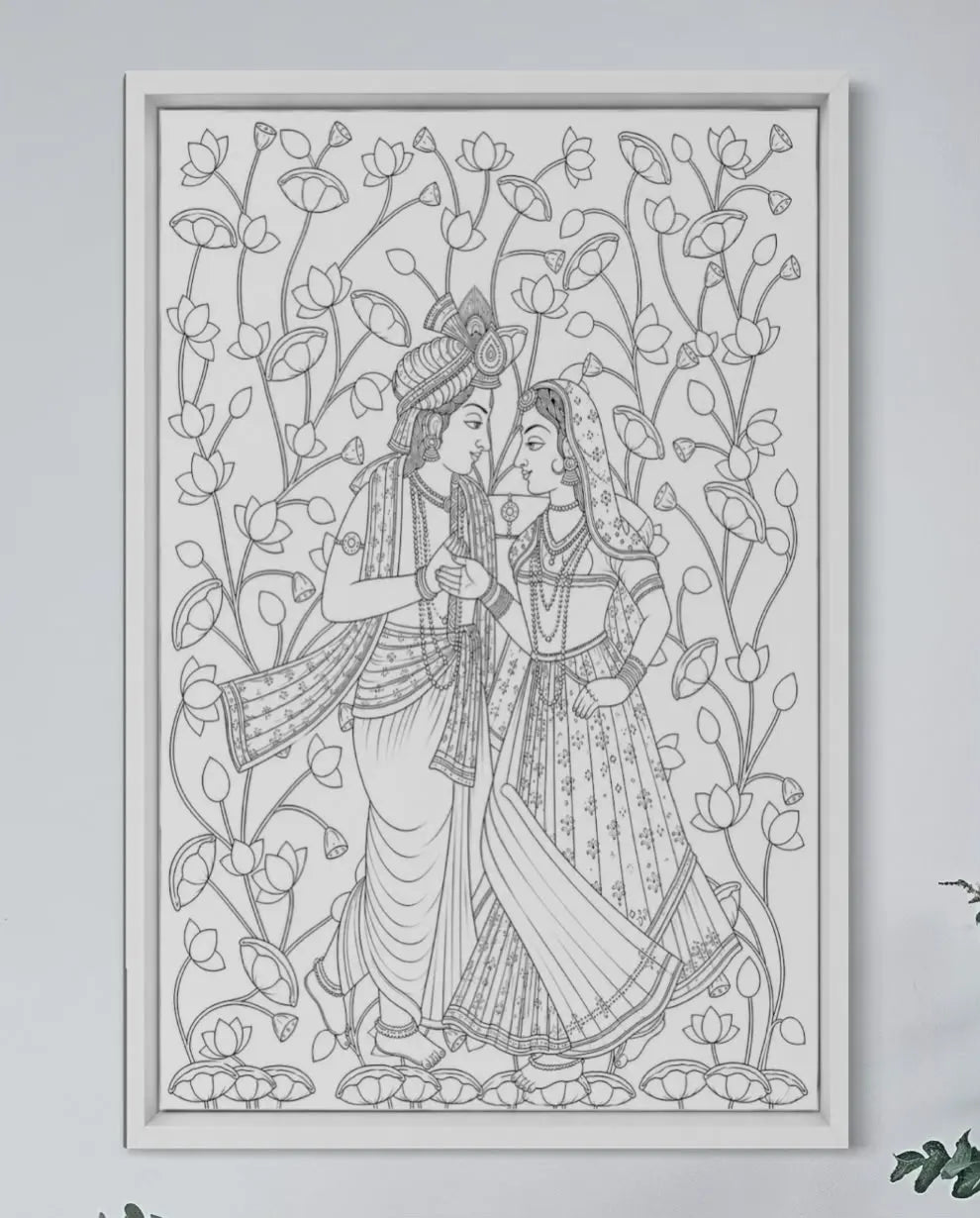 Radha Krishna Pichwai Pre-Drawn Canvas Painting for Coloring | 12 Free Colors & Brush Included