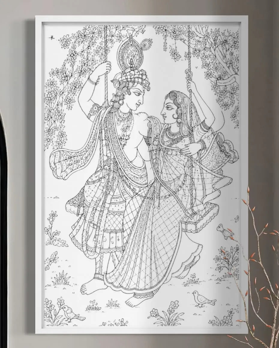 Radha Krishna Swing in a lush Pichwai Pre-Drawn Canvas Painting for Coloring | 12 Free Colors & Brush Included
