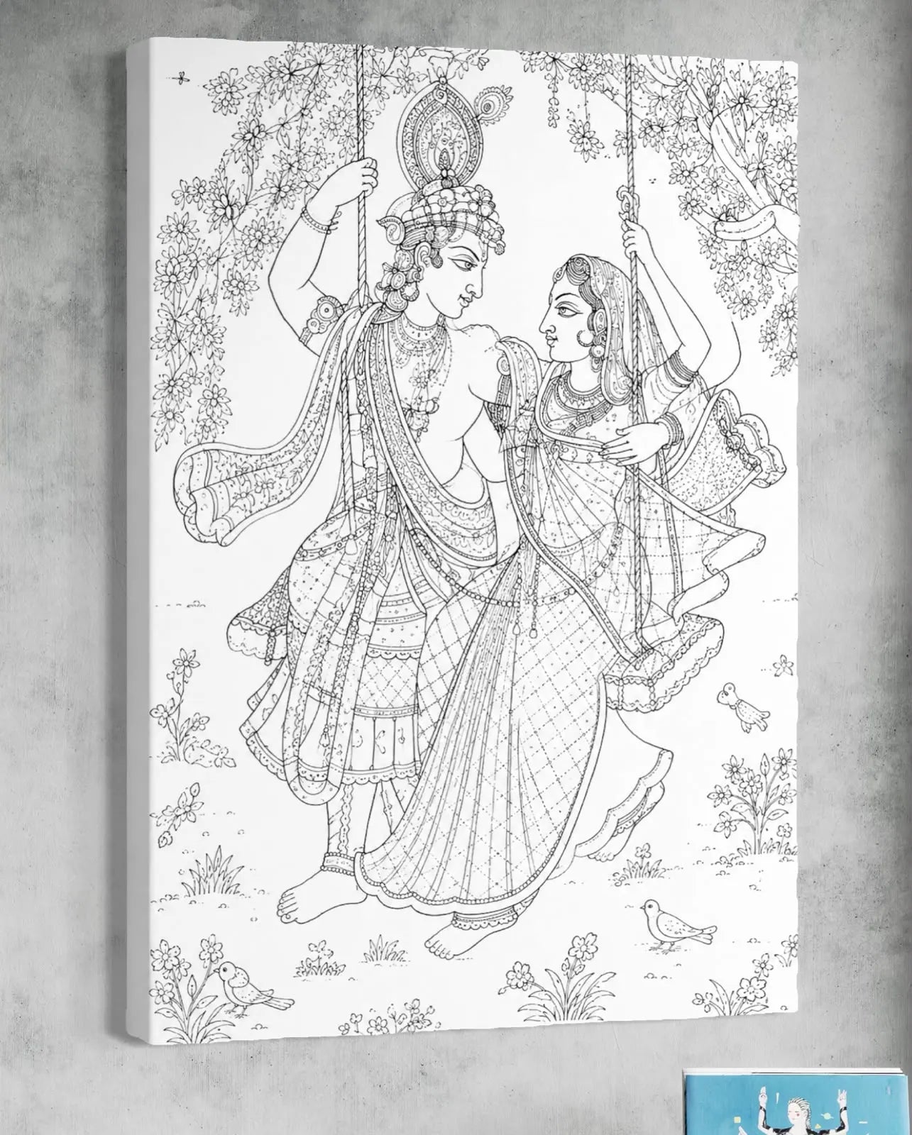 Radha Krishna Swing in a lush Pichwai Pre-Drawn Canvas Painting for Coloring | 12 Free Colors & Brush Included