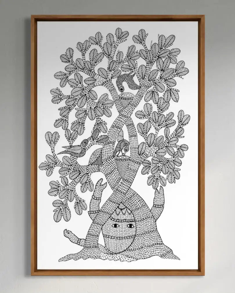 Bird of Life Gond Art Pre-Drawn Canvas Painting for Coloring | 12 Free Colors & Brush Included