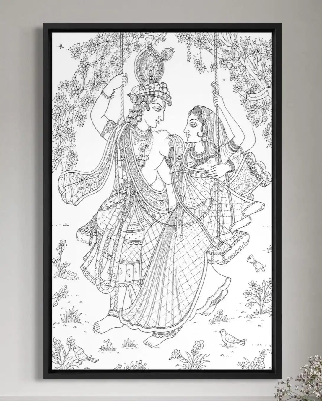 Radha Krishna Swing in a lush Pichwai Pre-Drawn Canvas Painting for Coloring | 12 Free Colors & Brush Included