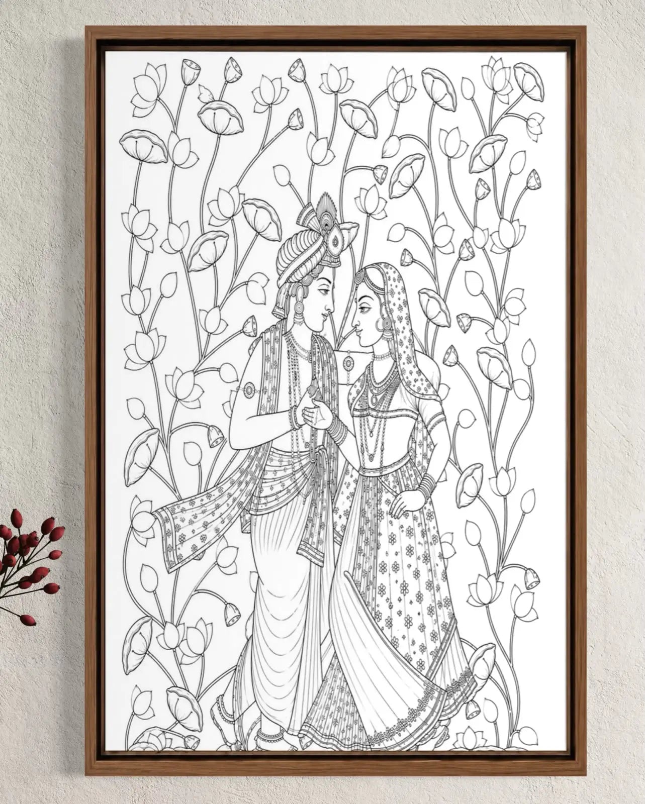 Radha Krishna Pichwai Pre-Drawn Canvas Painting for Coloring | 12 Free Colors & Brush Included