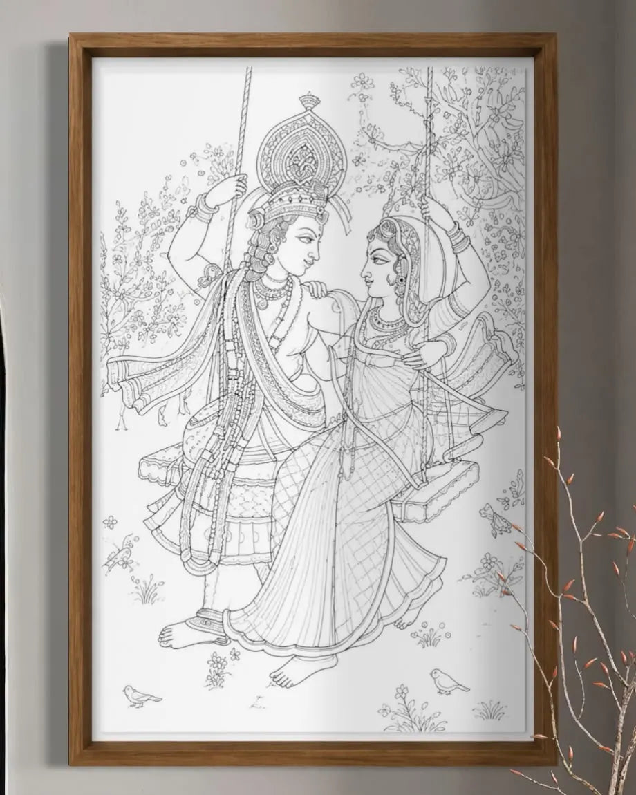 Radha Krishna Swing in a lush Pichwai Pre-Drawn Canvas Painting for Coloring | 12 Free Colors & Brush Included