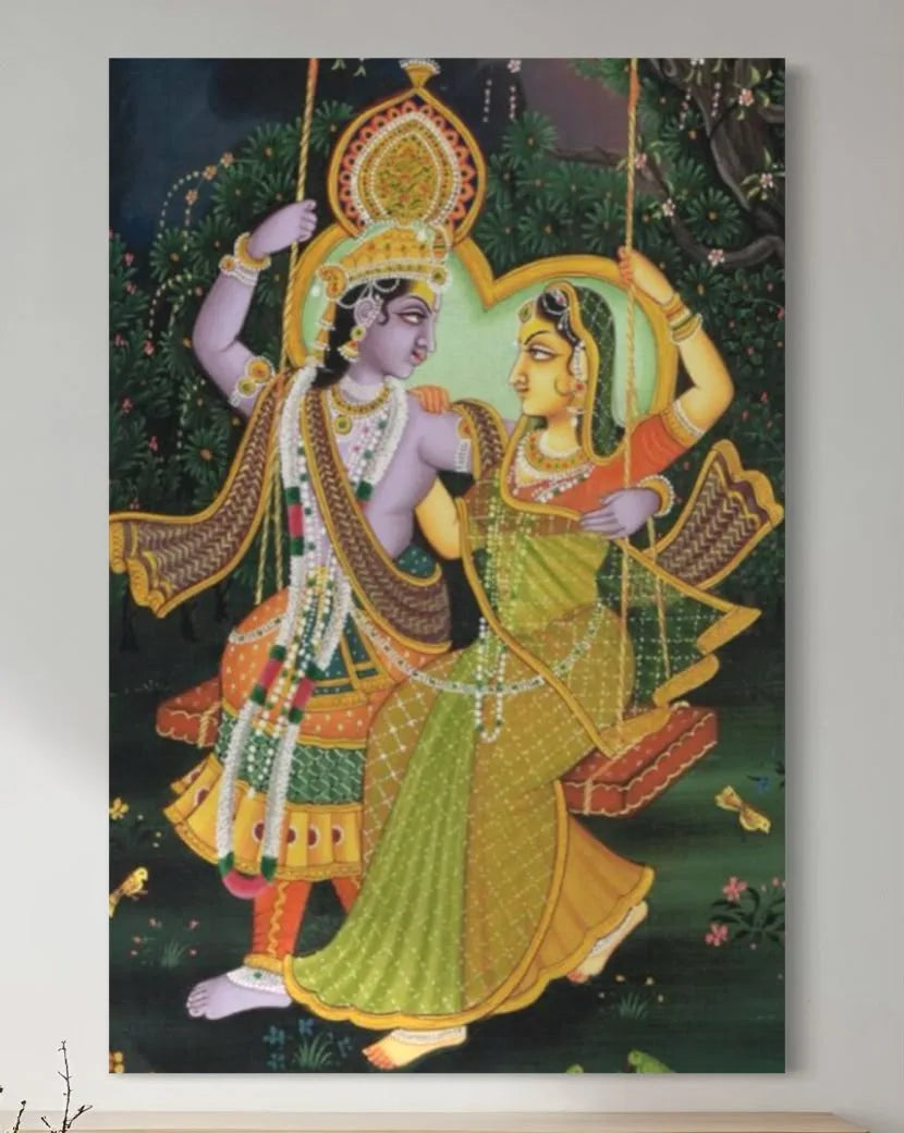 Radha Krishna Swing in a lush Pichwai Pre-Drawn Canvas Painting for Coloring | 12 Free Colors & Brush Included