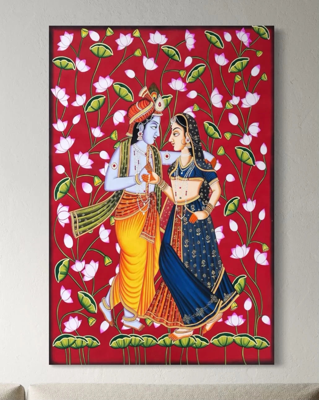 Radha Krishna Pichwai Pre-Drawn Canvas Painting for Coloring | 12 Free Colors & Brush Included