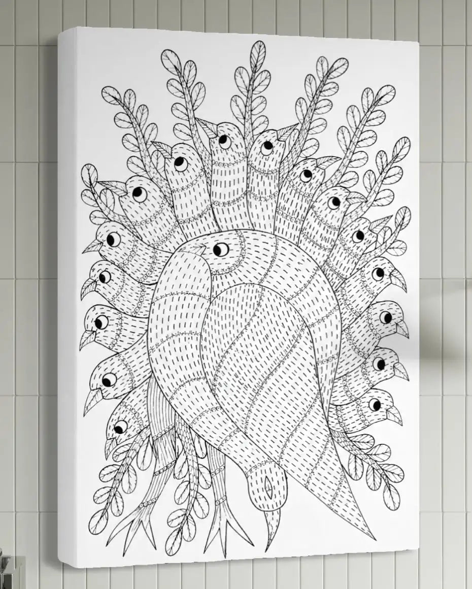Colorful Gond Art Bird Tree Pre-Drawn Canvas Painting for Coloring | 12 Free Colors & Brush Included