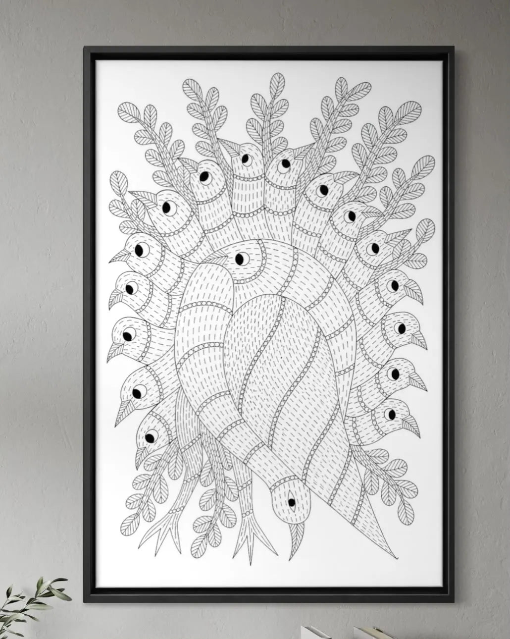 Colorful Gond Art Bird Tree Pre-Drawn Canvas Painting for Coloring | 12 Free Colors & Brush Included