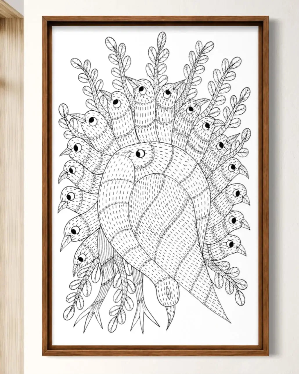 Colorful Gond Art Bird Tree Pre-Drawn Canvas Painting for Coloring | 12 Free Colors & Brush Included