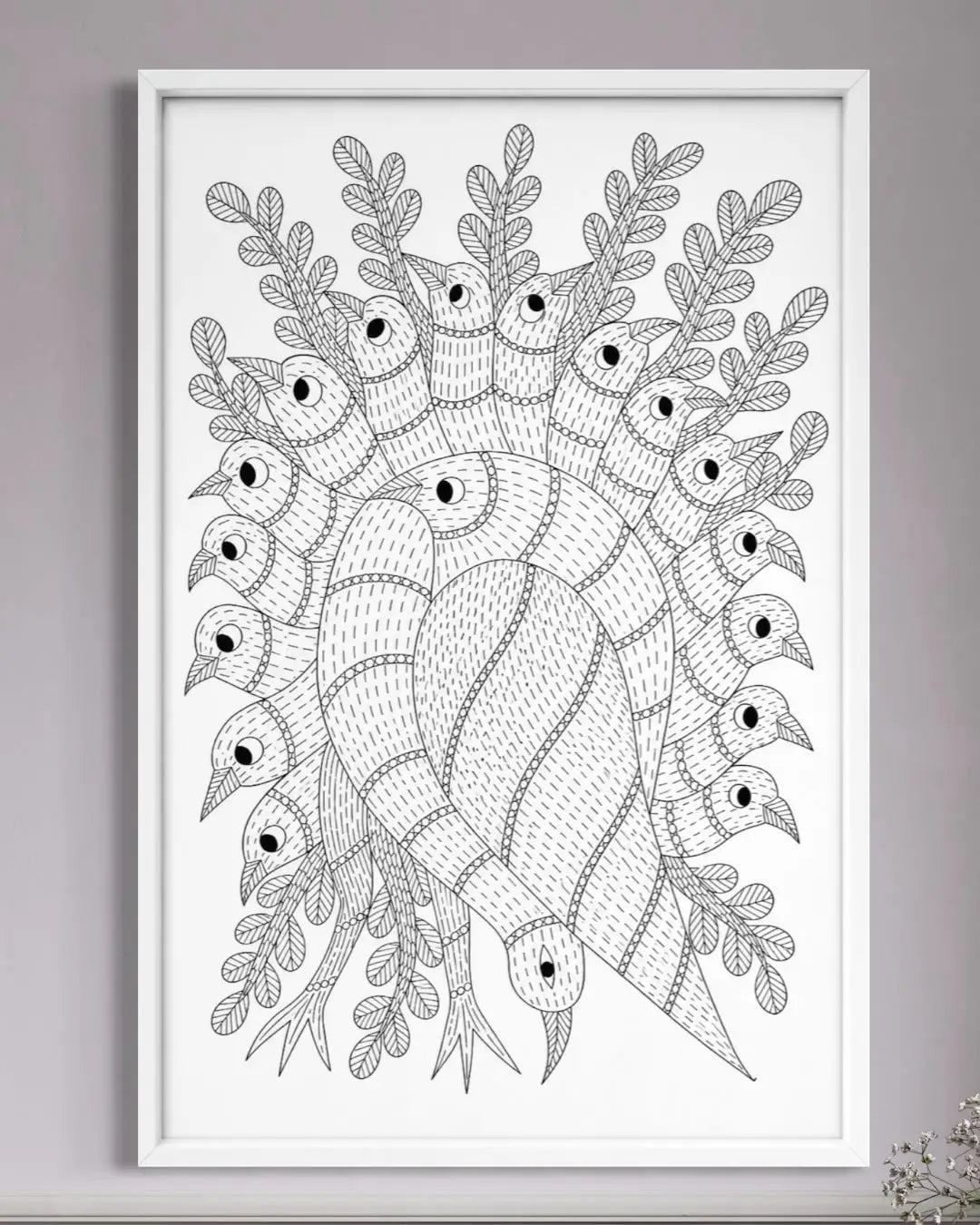 Colorful Gond Art Bird Tree Pre-Drawn Canvas Painting for Coloring | 12 Free Colors & Brush Included