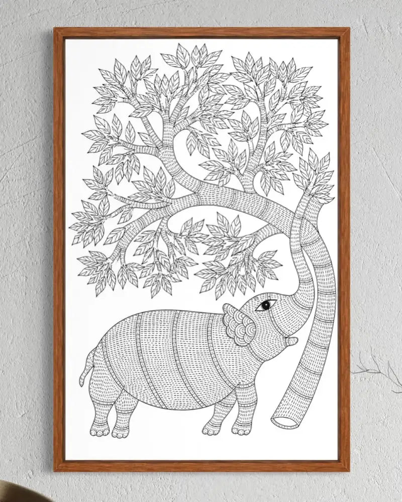 Elephant with a Tree Gond Art Pre-Drawn Canvas Painting for Coloring | 12 Free Colors & Brush Included