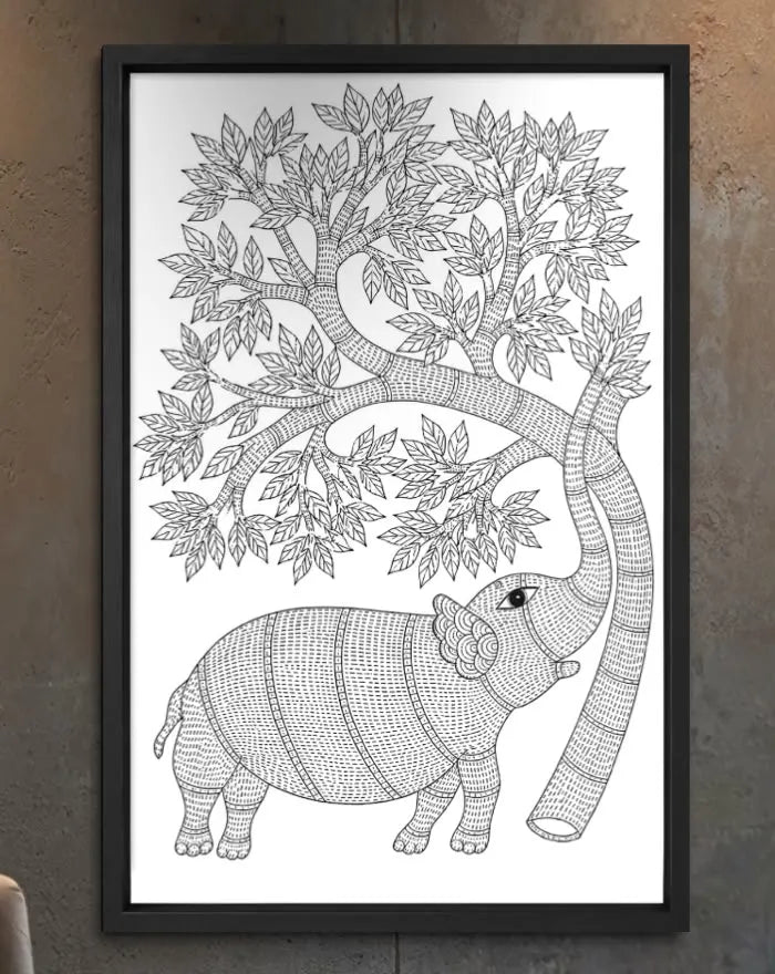 Elephant with a Tree Gond Art Pre-Drawn Canvas Painting for Coloring | 12 Free Colors & Brush Included